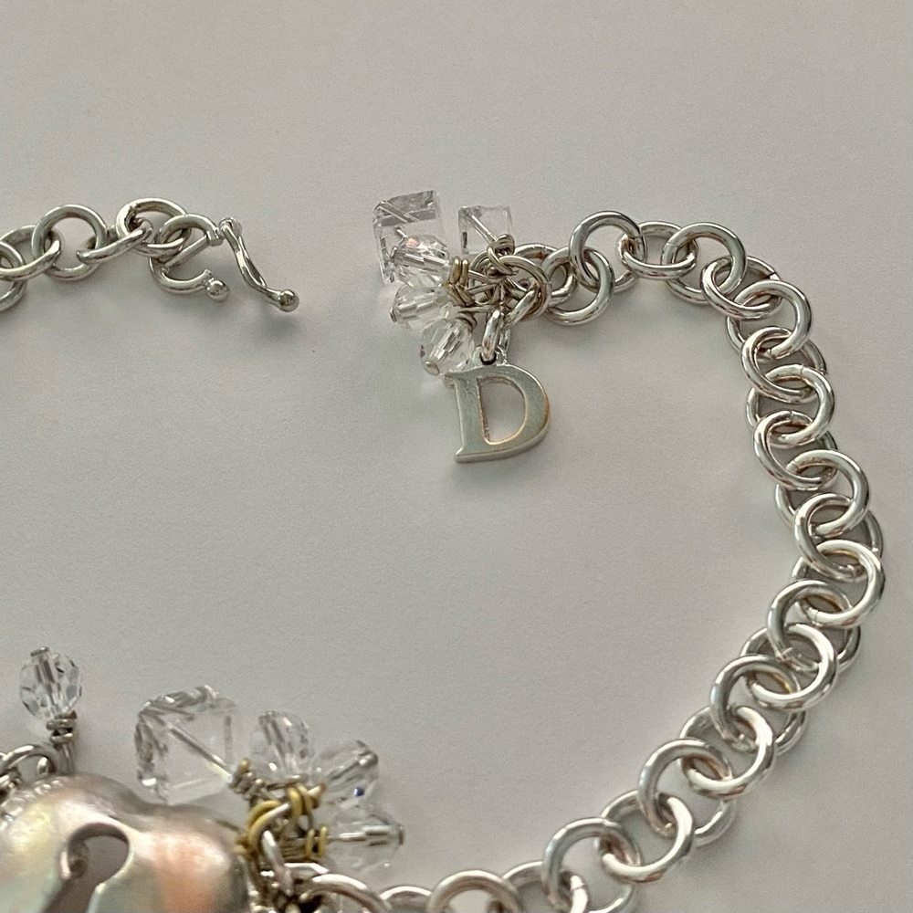 AUTH VTG Christian Dior Silver Chain Link Crystal Bead Heart Lock Charm Bracelet - Picture 11 of 13